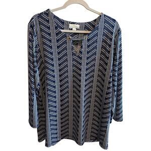 Magnolia Grace Primmie Keyhole Navy White 3/4 Sleeve Top Blouse Size XXL